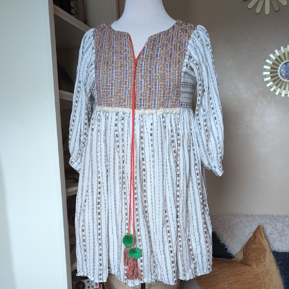 Bohemian Embroidered And Embellished White and Brown Tunic Dress